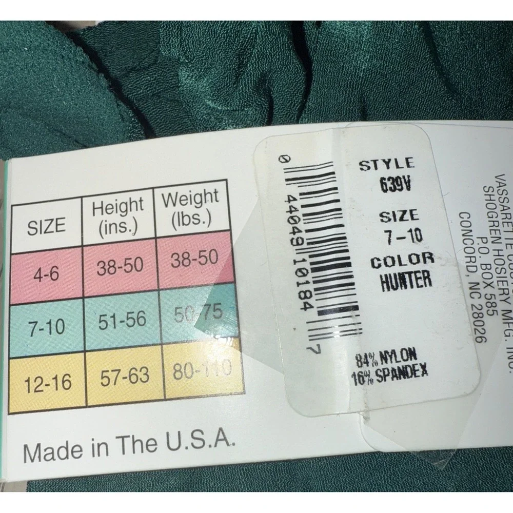 Vassarette Velvet‎ Tights Girls size 7-10 Hunter Green New in Package